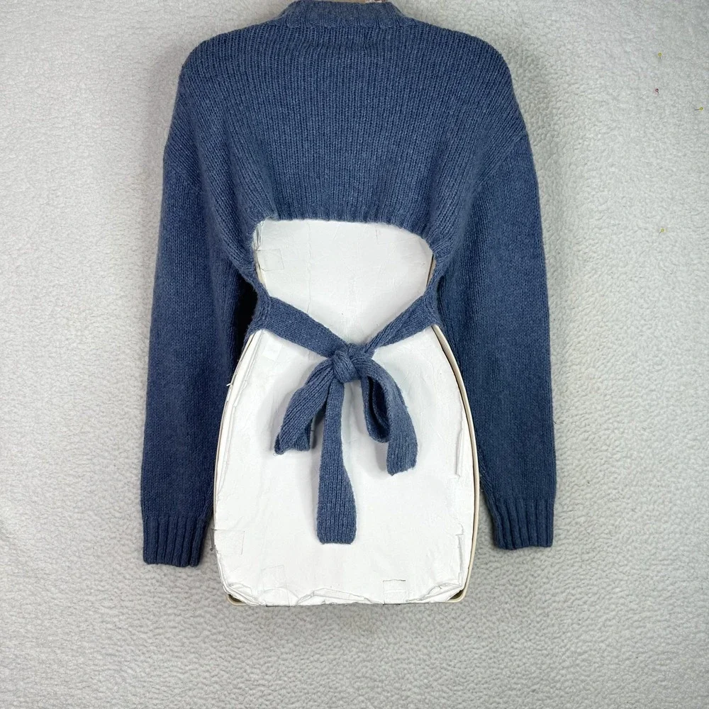 St Agni Wool Cashmere Sweater Open Back‎ Tie Mock Neck Blue XS Minimalist Luxury